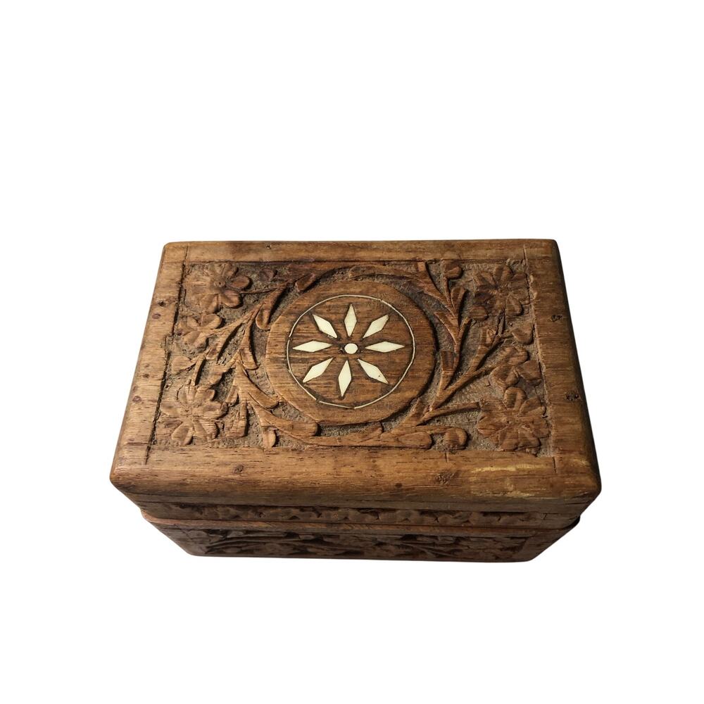 Vintage Trinket Box Wooden Handcrafted Carved Marquetry Intricate 3x5x3.25